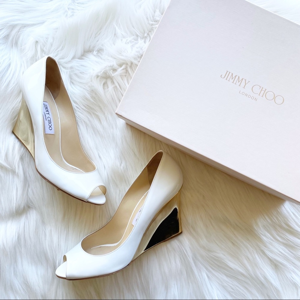Jimmy Choo Baxen White Patent Leather & Gold Wedge